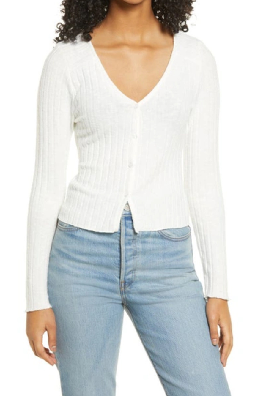 Socialite Button Front Cardigan Womens M Medium Off White Rib Knit Rayon Blend